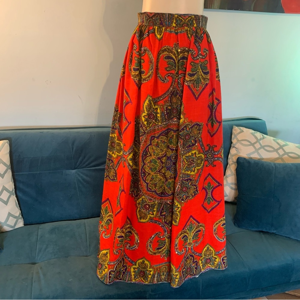 Vibrant Red Paisley Maxi Skirt Vintage 60s Mandala Lord & Taylor Size 26 2 EUC
